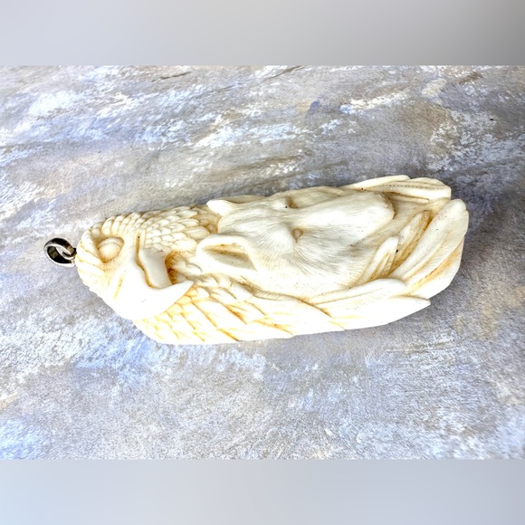 Handcarved from Bone wolf eagle pendant w sm sterling bale large native wildlife - Picture 5 of 8